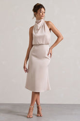 Champagne Satin Twisted High-Neck Midi Dress